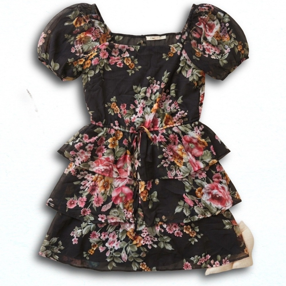 Floral Tiered Mini Dress Black Puff Sleeve Square Neck Ruffle Chiffon Summer